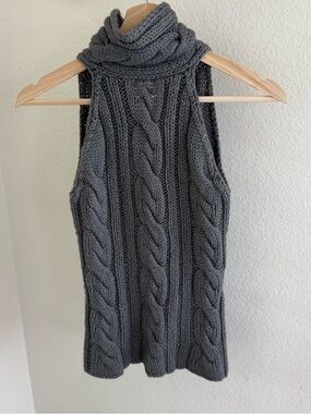 BEBE Y2K Grey cable knit turtleneck chunky sleeveless sweater top chunky